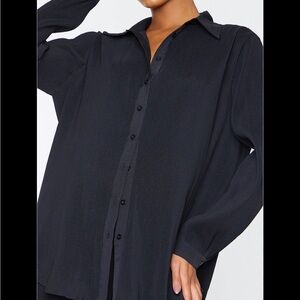 Black Plisse oversize, button-down and pleated wide leg pant set